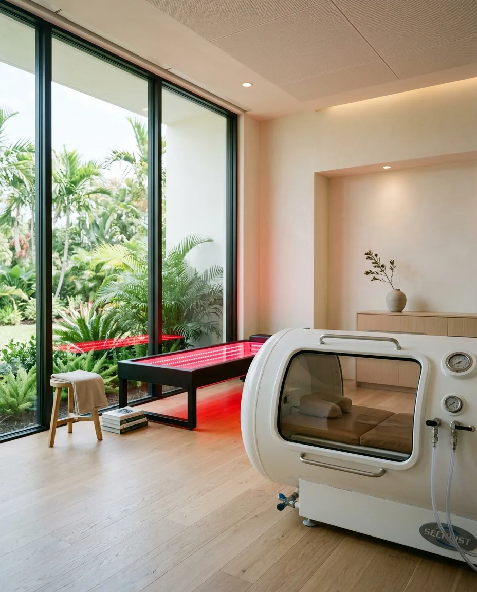 Longevity clinic treatment room with hyperbaric chamber and red light therapy bed